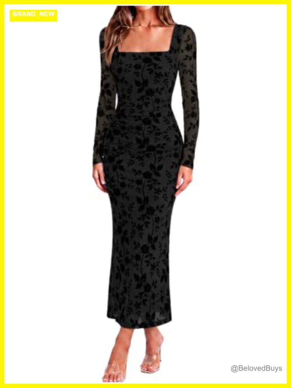 Floral Print Mesh Midi Dress Square Neck Long Sleeve Bodycon Ruched
